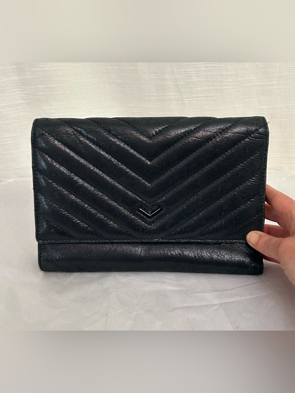 Vintage Botkier 100% Leather‎ Quilted Chevron Envelope Clutch - Black